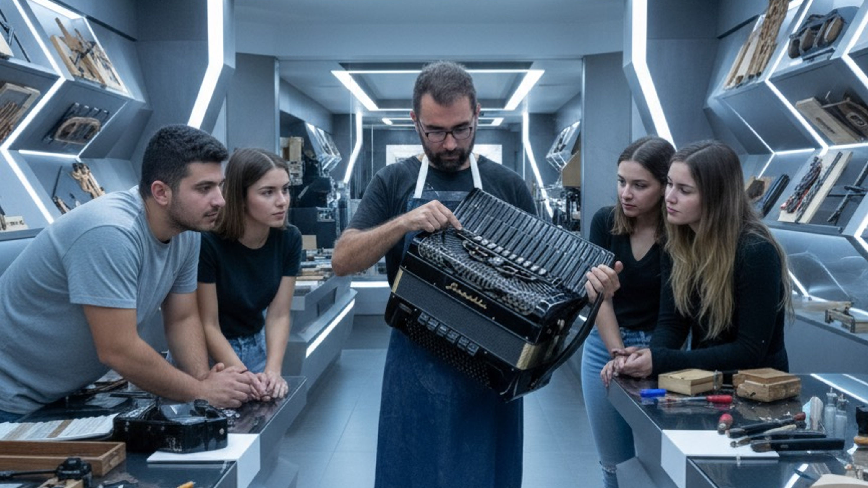 Accordion mask adjustment. Ajustarea mastii la acordeon. Akkordeonverdeck justieren.